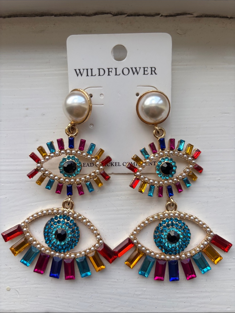 BRAND NEW Wildflower Pearl Top Multicolor Crystal Evil Eye Drop Earrings